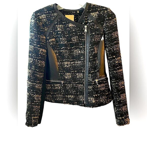 REBECCA TAYLOR PEBBLED TWEED BLACK N GREY JACKET WITH FAUX LEATHER ACCENTS, SZ4 - Picture 2 of 14